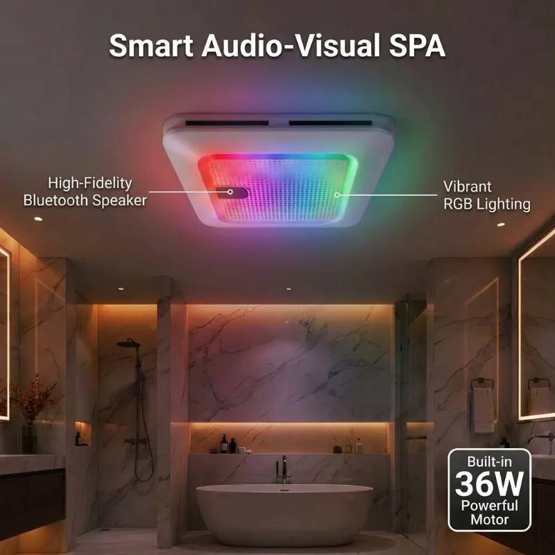 Smart Bathroom Exhaust Fan with RGB Lighting and Built-in Bluetooth Speaker